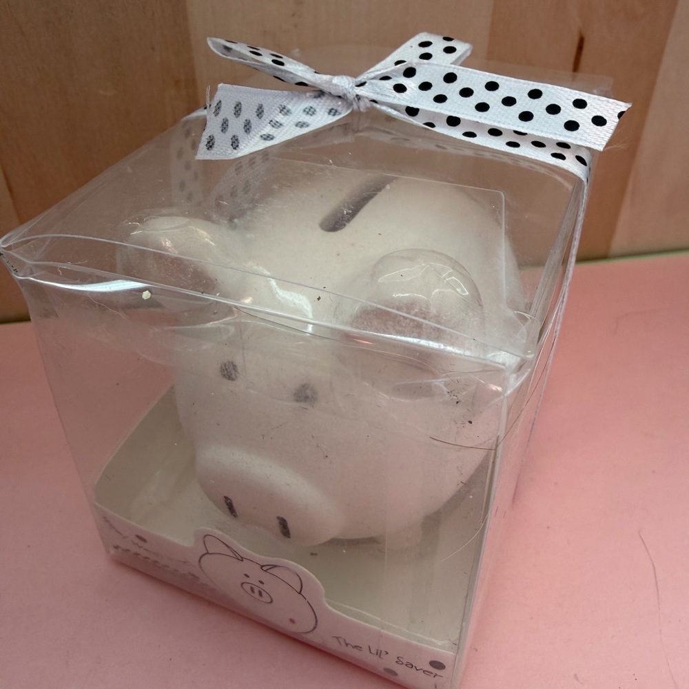 Kate Aspen White Piggy Bank with Polka Dot Ribbon